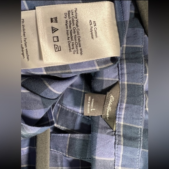 Eddie Bower Women’s Large plaid light/dark blue 3/4 sleeve blouse - Picture 4 of 4